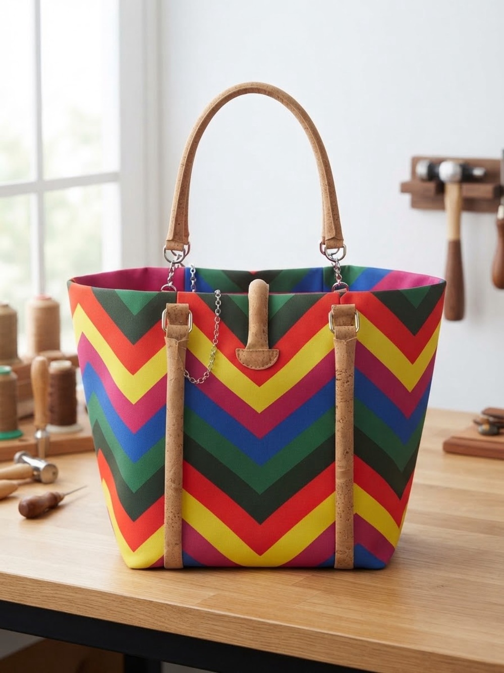 Multicolor Chevron Stripe Tote with Cork Handles